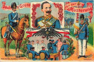 Deutschen Gruss von der Musterung Portrait Wilhelm II. Patriotika AK 1910