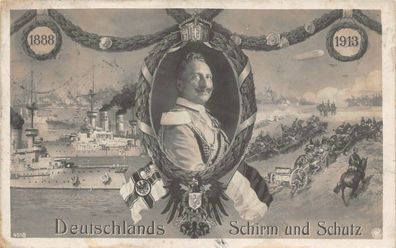 Deutschlands Schirm und Schutz mit Wilhelm II. Patriotika Postkarte AK 1913