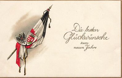 Die besten Glückwünsche zum neuen Jahre Reichsfahne Postkarte Geprägt AK 1917