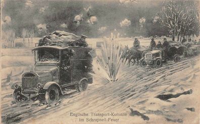 Englische Transport Kolonne Schrapnell - Feuer Feldpostkarte 1915