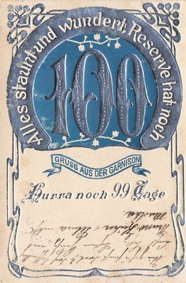 Gruss aus der Garnison 100 Tage Patriotika Postkarte mit Prägung AK 1907