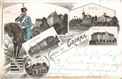 Gruss aus Grimma Husaren Reiter, Schloss und Gatterburg Sachsen Litho AK 1897