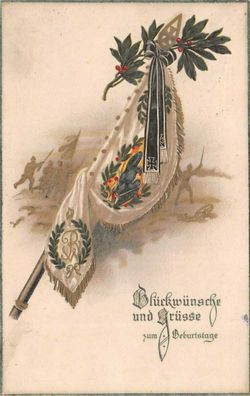 Glückwünsche und Grüsse zum Geburtstage Patriotika Postkarte mit Prägung AK 1915