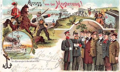 Gruss von der Musterung Marine Im Felddienst Patriotika Postkarte AK 1903