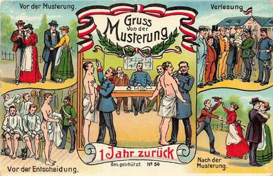 Gruss von der Musterung 1 Jahr zurück Patriotika Postkarte AK 1915