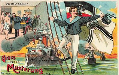 Gruss von der Musterung Marine Reichsfahne Patriotika Postkarte AK 1912