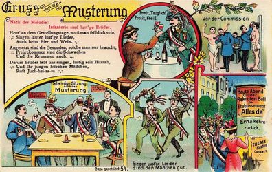 Gruss von der Musterung Infanterie sind lust´ge Brüder Postkarte AK 1916