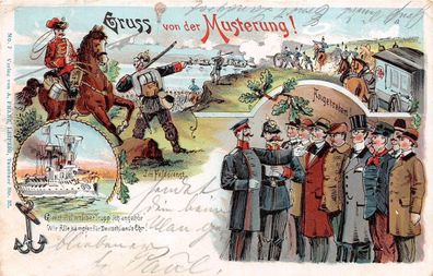 Gruss von der Musterung! Im Felddienst Parole: 172 Patriotika Postkarte AK 1905