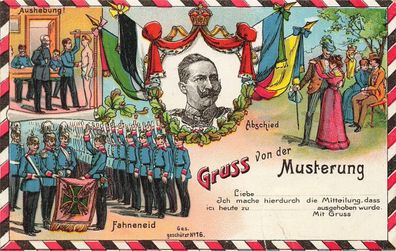 Gruss von der Musterung mit Portrait Wilhelm II Patriotika Postkarte AK 1914