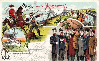 Gruss von der Musterung! Im Felddienst Patriotika Postkarte AK 1908