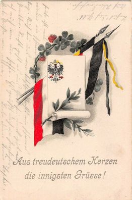 Grußkarte Aus treudeutschem Herzen Patriotika mit Reichsfahne Postkarte AK 1916