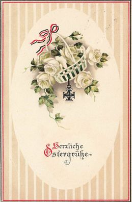 Herzliche Ostergrüße mit EK2 und Blumen Patriotika Postkarte AK 1915