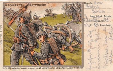 Nun wollen wir sie verdreschen! Patriotika Postkarte AK 1914