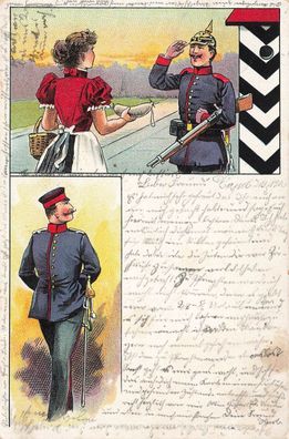 Soldat mit Pickelhaube am Wachposten Frau mit Liebesgaben Postkarte AK 1900