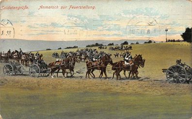 Soldatengrüße Anmarsch zur Feuerstellung Patriotika Postkarte AK 1914