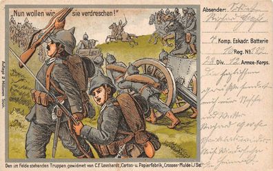 Soldaten im Felde Nun wollen wir sie verdreschen! Patriotika Postkarte AK 1915