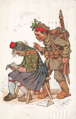 Soldat mit EK2 zurück in der Heimat Überrascht Mädchen Postkarte AK 1919