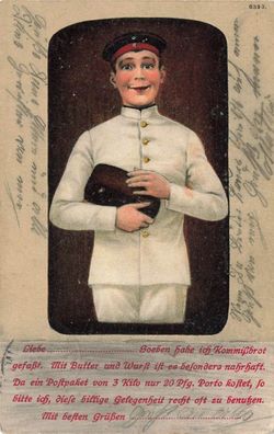 Soldat mit Kommissbrot Spruchkarte Patriotika Postkarte AK 1914