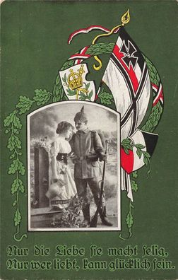 Spruchkarte Portrait Soldat mit Frau Reichsfahne Patriotika Postkarte AK 1916