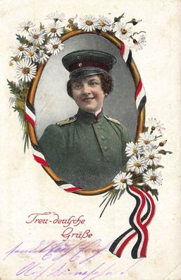 Treu-deutsche Grüße mit Fräulein Feldgrau Patriotika Postkarte AK 1916