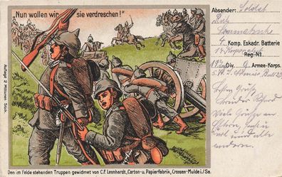 Truppen im Felde Nun wollen wir sie verdreschen Patriotika Postkarte AK 1915