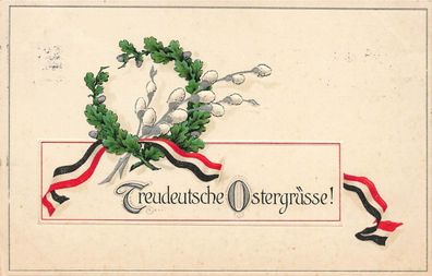 Treudeutsche Ostergrüsse mit Kranz Patriotika Geprägt Postkarte AK 1915