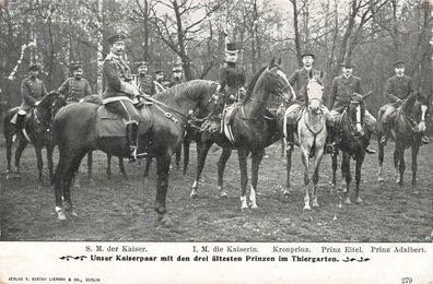 Unser Kaiserpaar mit den drei ältesten Prinzen im Thiergarten Postkarte AK