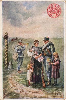 Österreichischer Soldat mit Familie Künstlerkarte Kriegsjahr 1914 Postkarte AK