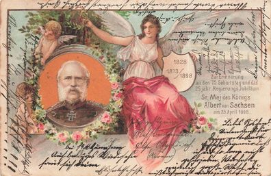 Zur Erinnerung an 70. Geburtstag König Albert v. Sachsen Litho Postkarte AK 1902