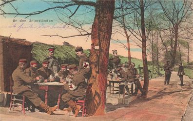 Soldaten an den Unterständen Rotkreuz Patriotika Postkarte AK 1915