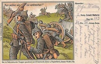 Nun wollen wir sie verdreschen! Truppen im Felde Patriotika Postkarte AK 1915