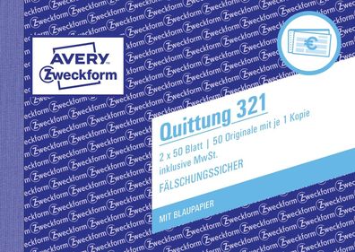 Avery Zweckform® 321 Quittung inkl. MwSt. - A6 quer, MP, BL, fälschungssicher, 2