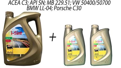Eni i-sint 5W-30 1x5 + 2x1Liter VW 50400/50700 BMW LL04, MB 229.51 PorscheC30