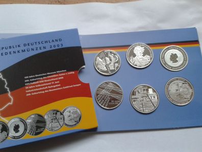 Original 6 x 10 euro 2003 PP Gedenkmünzenset Silber im Folder/Blister