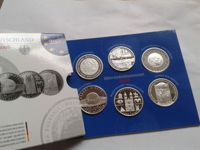 Original 6 x 10 euro 2005 PP Gedenkmünzenset Silber im Folder/Blister