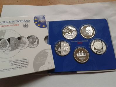 Original 5 x 10 euro 2008 PP Deutschland Gedenkmünzenset Silber im Folder/Blister