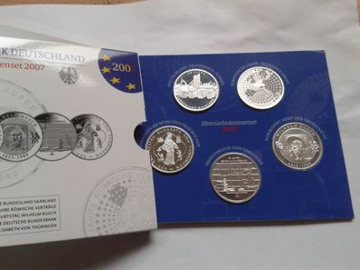 Original 5 x 10 euro 2007 PP Gedenkmünzenset Silber im Folder/Blister