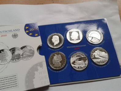 Original 6 x 10 euro 2010 Deutschland PP Gedenkmünzenset Silber im Folder/Blister