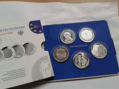 Original 5 x 10 euro Deutschland 2012 PP Gedenkmünzenset Silber im Folder/Blister