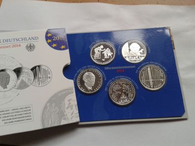 Original 5 x 10 euro 2014 PP Gedenkmünzenset Silber Deutschland im Folder/Blister