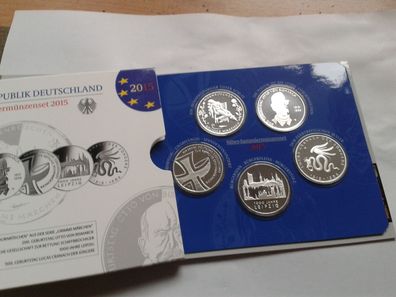 Original 5 x 10 euro 2015 PP Gedenkmünzenset Silber Deutschland im Folder/Blister