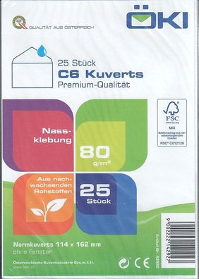 Kuvert C6 weiß, ohne Fenster, Nassklebung (VPE=25STK)