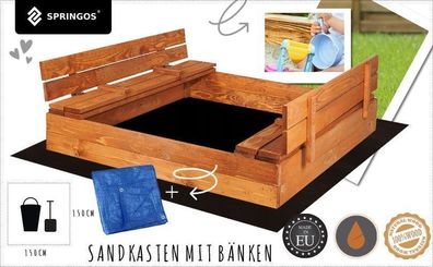 Sandkasten mit Sitzbänken Imprägniert Holz 150 x 150 cm Extra Vlies und Abdeckplane