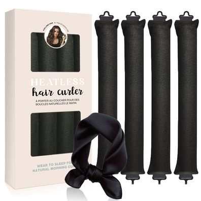 4-teiliges Lockenstab-Set, Samt-Satin, flexibler Lockenstab zum Schlafen, Schwarz