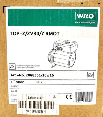 WILO TOP Z 30/7 Pumpenkopf Ersatzkopf 3x400V TOP-Z/ ZV RMOT P13/144