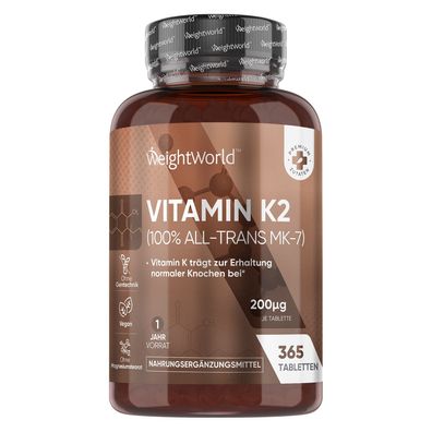 Vitamin K2 MK7-365 vegane Tabletten - 200µg je Dosis - WeightWorld