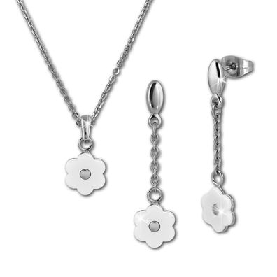 Amello Edelstahlschmuckset Keramik Blümchen weiß Kette, Ohrring ESSX41W