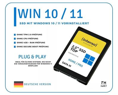 256GB SSD Festplatte mit vorinstallierten Windows 10 Windows 11 OHNE TPM