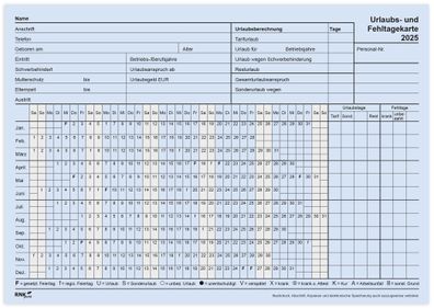 RNK 2901/25 Urlaubs- und Fehltagekarte mit Wochentage-Einteilung 2025, 210 x 148 mm