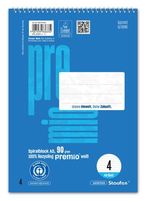 Staufen PREMIO 040741004 Spiralblock LIN 4 - A5, 40 Blatt, 9 mm liniert, 90 g/qm